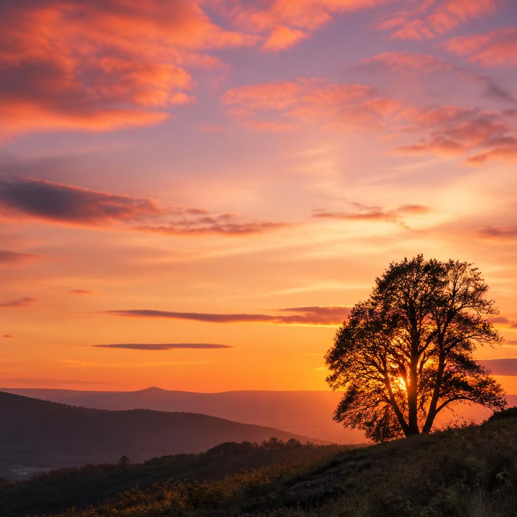 Serene outdoor sunset with warm golden light, silhouetted tree, and rolling hills